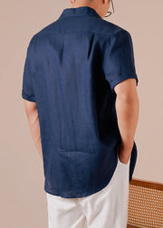 Retro Navy Peter Pan Collar Button Solid Cotton Men Shirts Summer