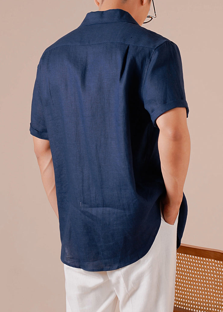 Retro Navy Peter Pan Collar Button Solid Cotton Men Shirts Summer