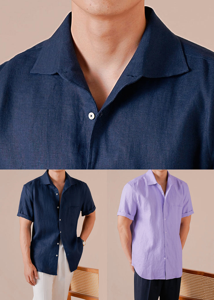 Retro Navy Peter Pan Collar Button Solid Cotton Men Shirts Summer