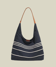 Retro Navy Striped Solid Durable Canvas Satchel Handbag