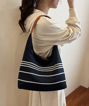 Retro Navy Striped Solid Durable Canvas Satchel Handbag