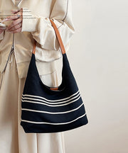 Retro Navy Striped Solid Durable Canvas Satchel Handbag