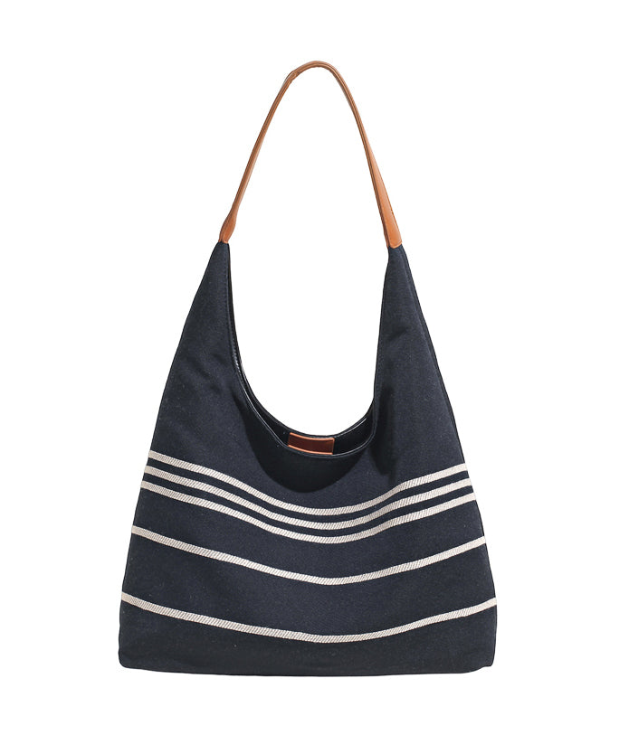 Retro Navy Striped Solid Durable Canvas Satchel Handbag