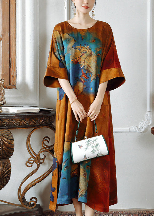 Retro Orange O Neck Print Patchwork Silk Dresses Bracelet Sleeve