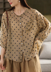 Retro Orange Ruffled Dot Embroidered Linen Top Summer