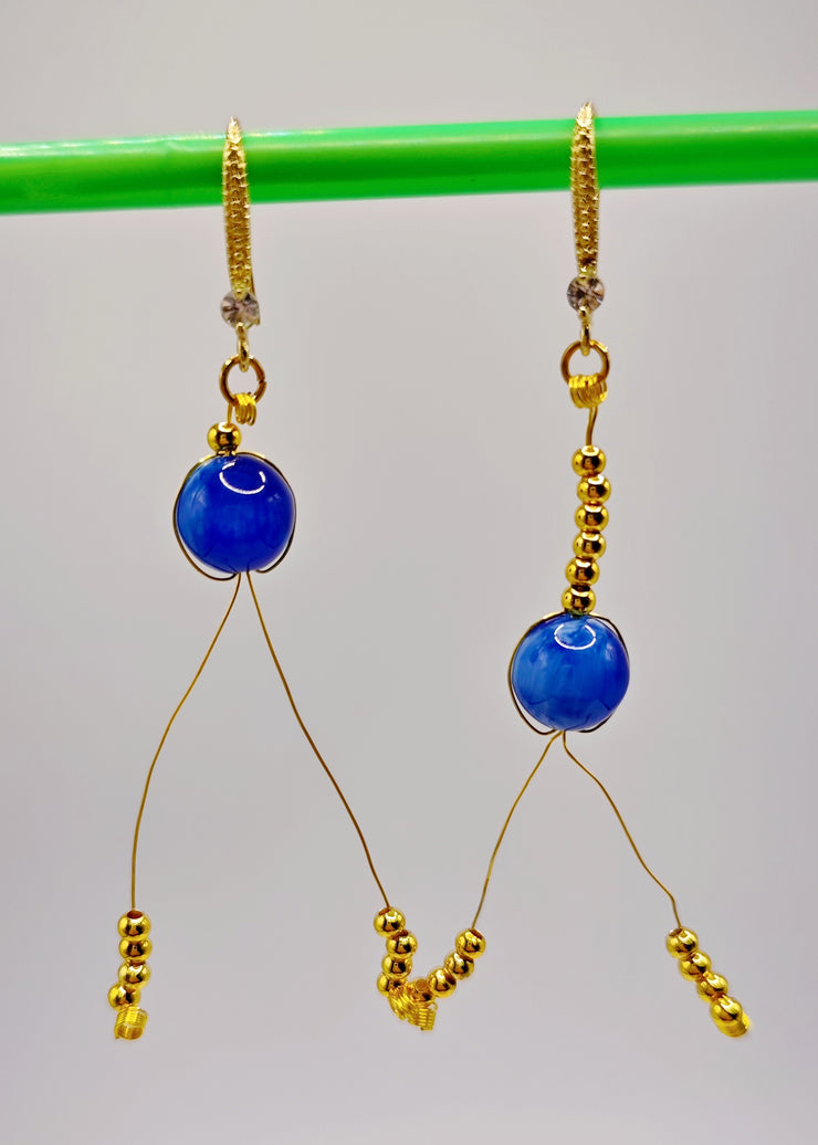 Retro Peacock Blue Tasseled Gem Stone Drop Earrings