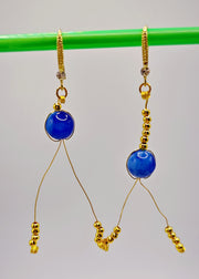 Retro Peacock Blue Tasseled Gem Stone Drop Earrings