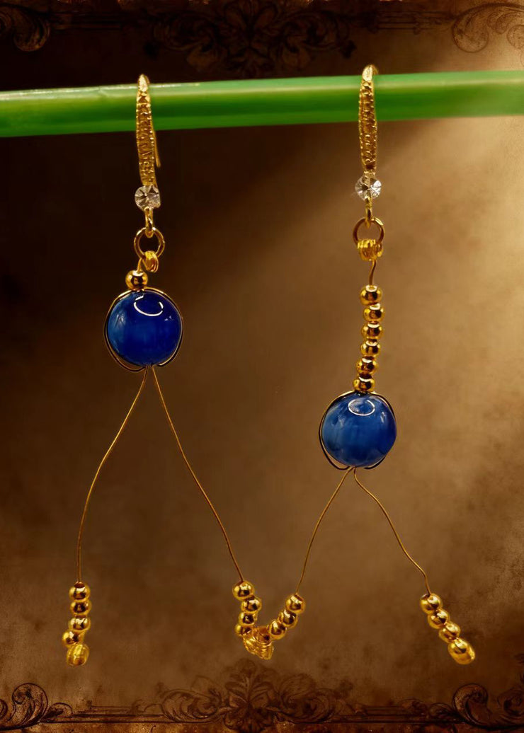 Retro Peacock Blue Tasseled Gem Stone Drop Earrings
