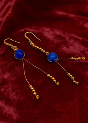 Retro Peacock Blue Tasseled Gem Stone Drop Earrings