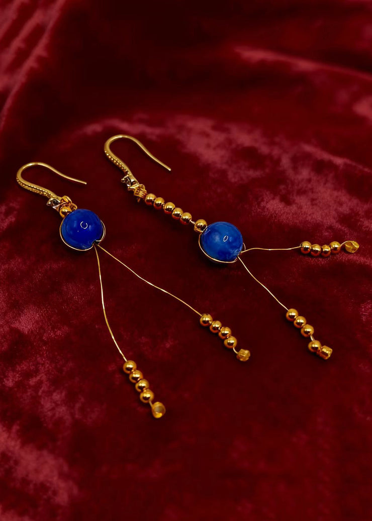 Retro Peacock Blue Tasseled Gem Stone Drop Earrings