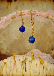 Retro Peacock Blue Tasseled Gem Stone Drop Earrings