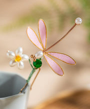 Retro Pink Alloy Pearl Colored Glaze Flannelette Dragonfly Hairpin