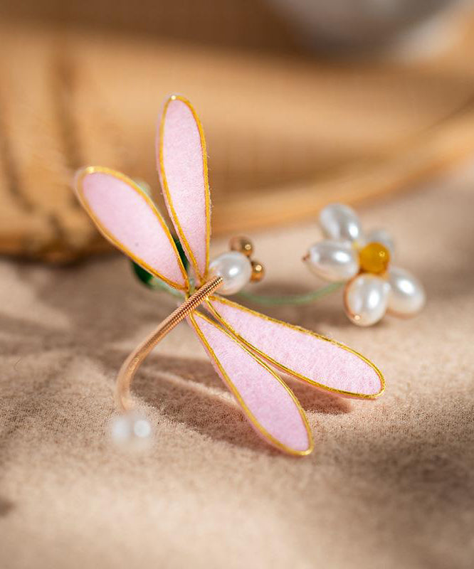 Retro Pink Alloy Pearl Colored Glaze Flannelette Dragonfly Hairpin