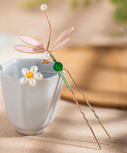 Retro Pink Alloy Pearl Colored Glaze Flannelette Dragonfly Hairpin