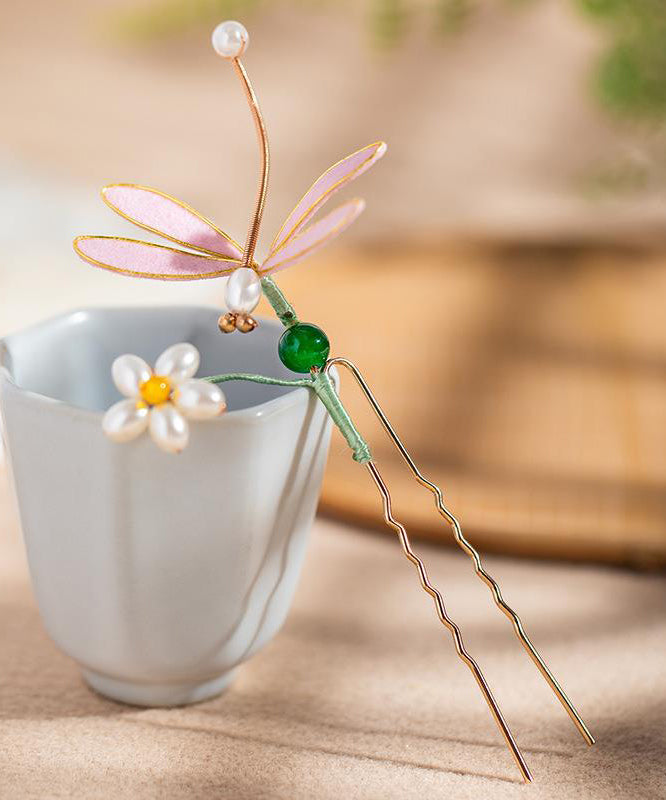 Retro Pink Alloy Pearl Colored Glaze Flannelette Dragonfly Hairpin