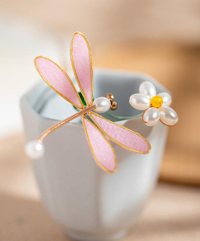 Retro Pink Alloy Pearl Colored Glaze Flannelette Dragonfly Hairpin