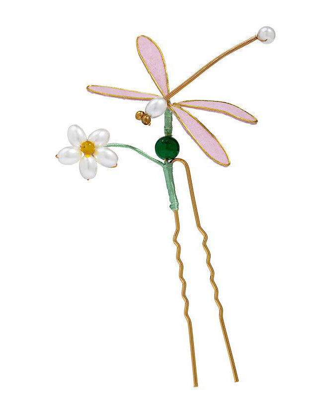 Retro Pink Alloy Pearl Colored Glaze Flannelette Dragonfly Hairpin