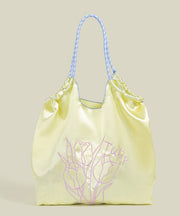 Retro Pink Flower Embroidered Drawstring Satin Shoulder Bags