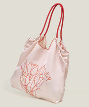 Retro Pink Flower Embroidered Drawstring Satin Shoulder Bags