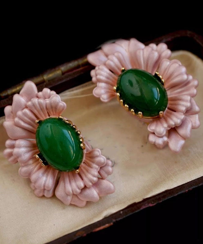 Retro Pink Sterling Silver Asymmetry Agate Stud Earrings