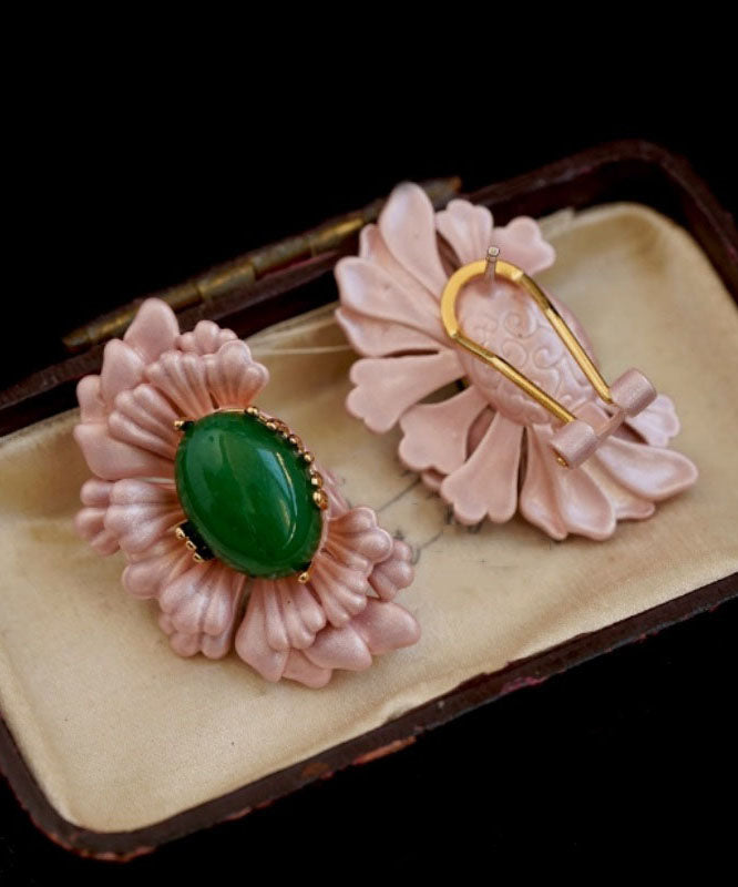 Retro Pink Sterling Silver Asymmetry Agate Stud Earrings