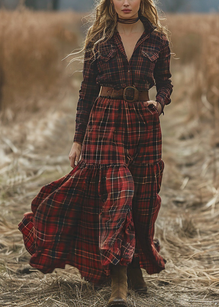 Retro Plaid Pockets Long Sleeve Bohemian Pastoral Dresses