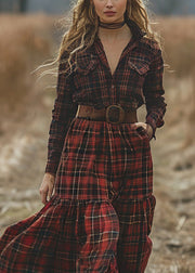 Retro Plaid Pockets Long Sleeve Bohemian Pastoral Dresses