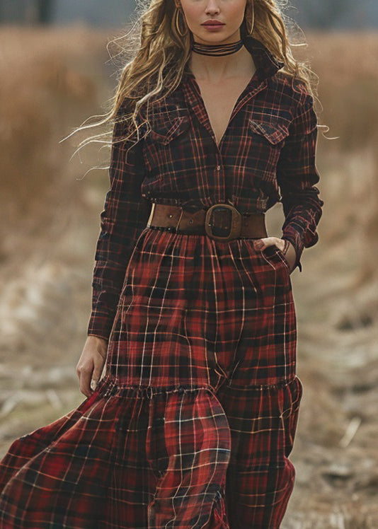 Retro Plaid Pockets Long Sleeve Bohemian Pastoral Dresses