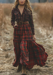 Retro Plaid Pockets Long Sleeve Bohemian Pastoral Dresses