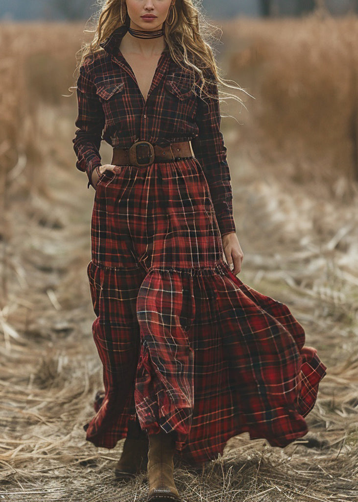 Retro Plaid Pockets Long Sleeve Bohemian Pastoral Dresses