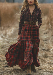 Retro Plaid Pockets Long Sleeve Bohemian Pastoral Dresses
