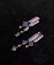 Retro Purple Alloy Asymmetrical Chalcedony Tassel Drop Earrings