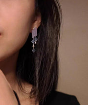 Retro Purple Alloy Asymmetrical Chalcedony Tassel Drop Earrings