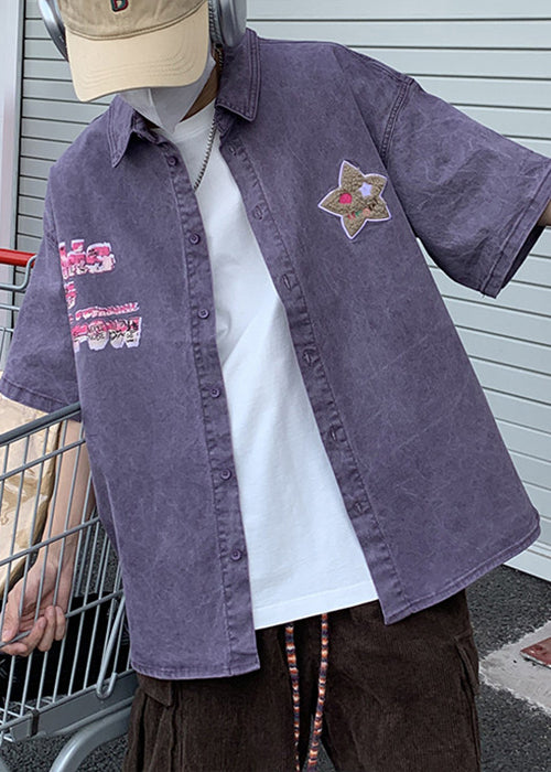 Retro Purple Button Print Denim Shirt Men Half Sleeve