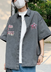 Retro Purple Button Print Denim Shirt Men Half Sleeve