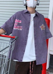 Retro Purple Button Print Denim Shirt Men Half Sleeve