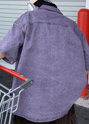 Retro Purple Button Print Denim Shirt Men Half Sleeve