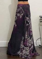 Retro Purple Print Elastic Waist Cotton Maxi Skirts Summer