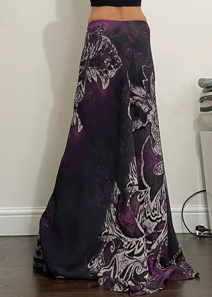 Retro Purple Print Elastic Waist Cotton Maxi Skirts Summer