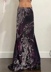 Retro Purple Print Elastic Waist Cotton Maxi Skirts Summer