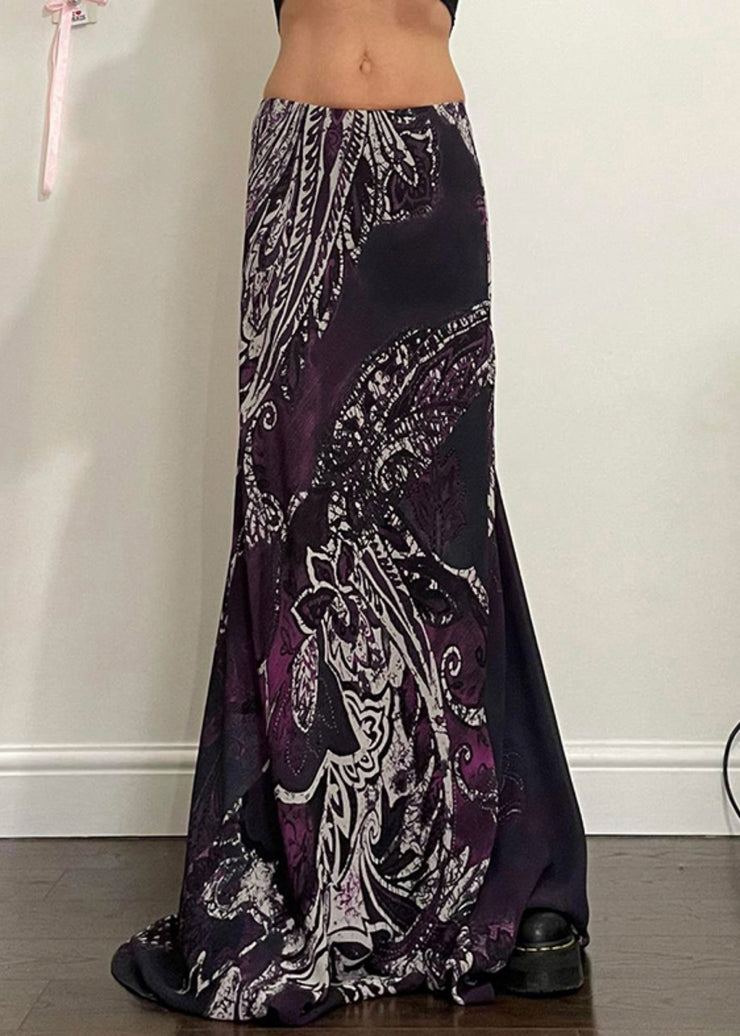 Retro Purple Print Elastic Waist Cotton Maxi Skirts Summer