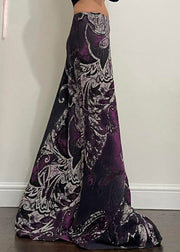 Retro Purple Print Elastic Waist Cotton Maxi Skirts Summer