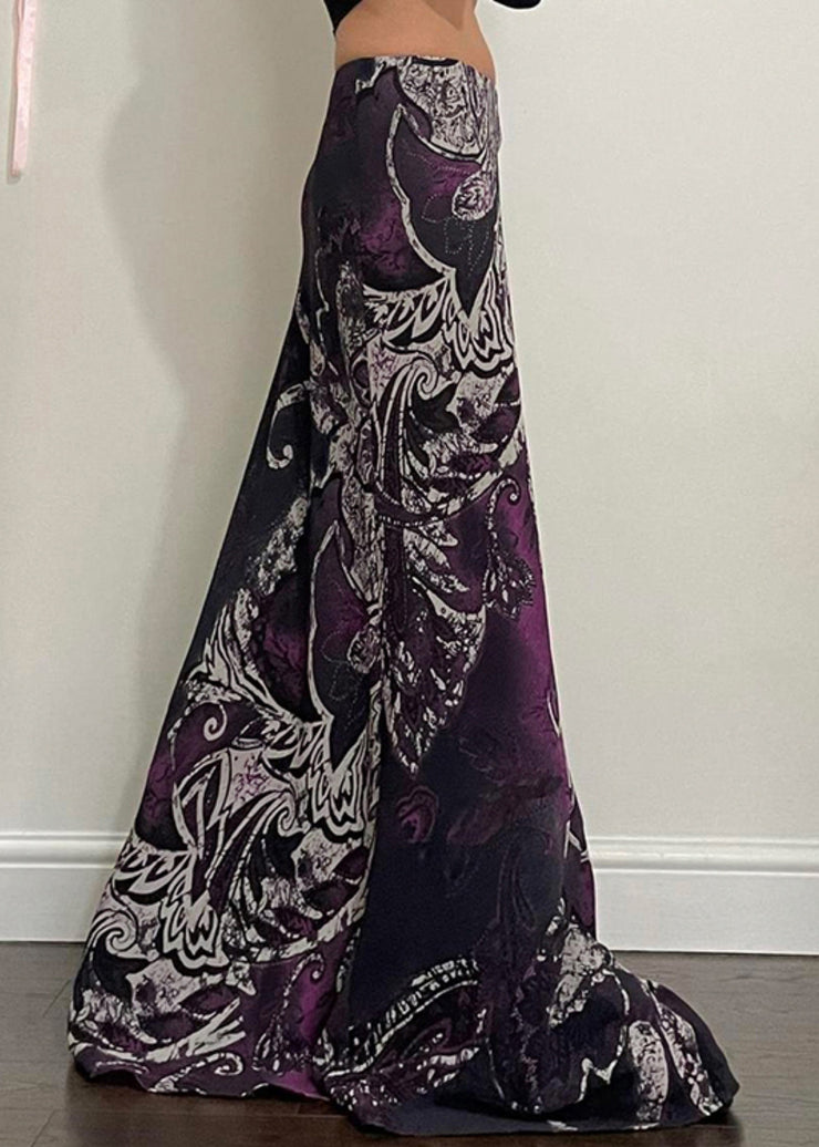 Retro Purple Print Elastic Waist Cotton Maxi Skirts Summer