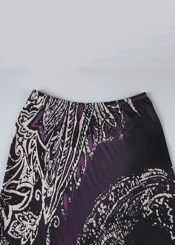 Retro Purple Print Elastic Waist Cotton Maxi Skirts Summer