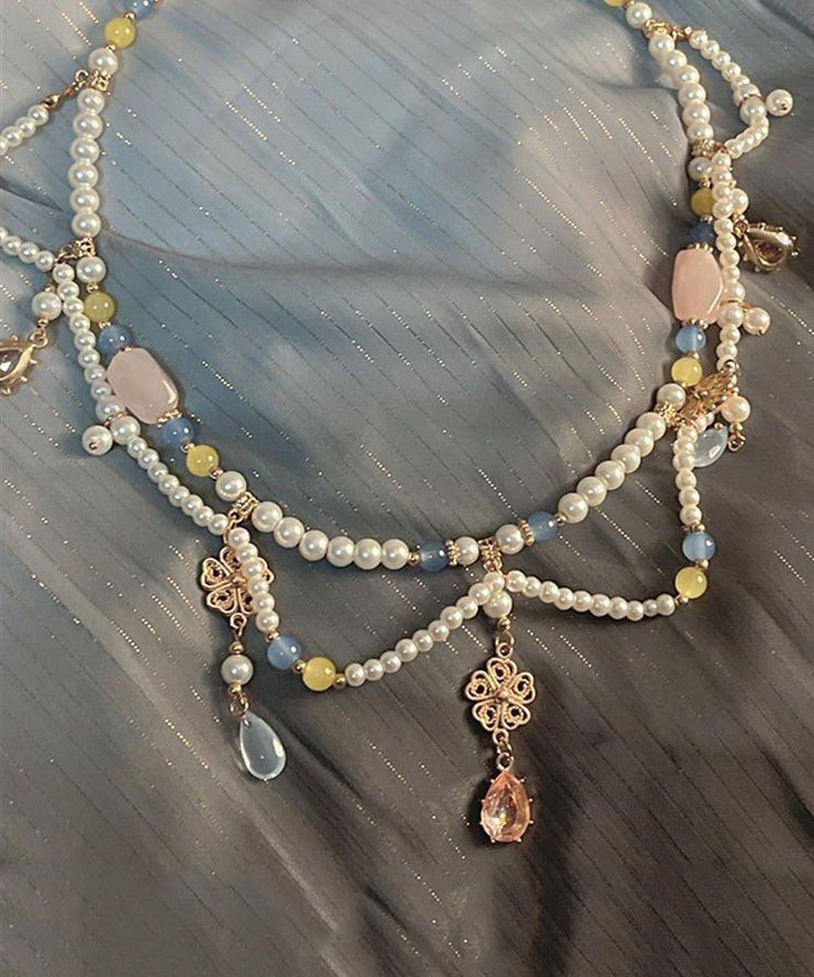 Retro Rainbow Alloy Crystal Pearl Glass Water Drop Pendant Necklace
