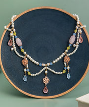 Retro Rainbow Alloy Crystal Pearl Glass Water Drop Pendant Necklace