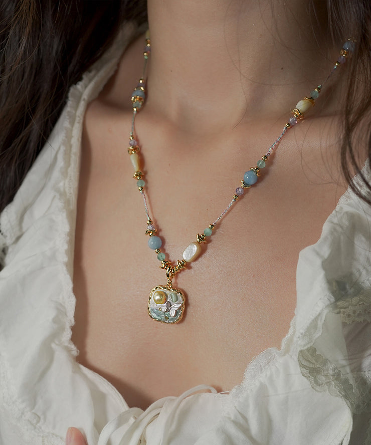 Retro Rainbow Alloy Pearl Asymmetrical Pendant Necklace