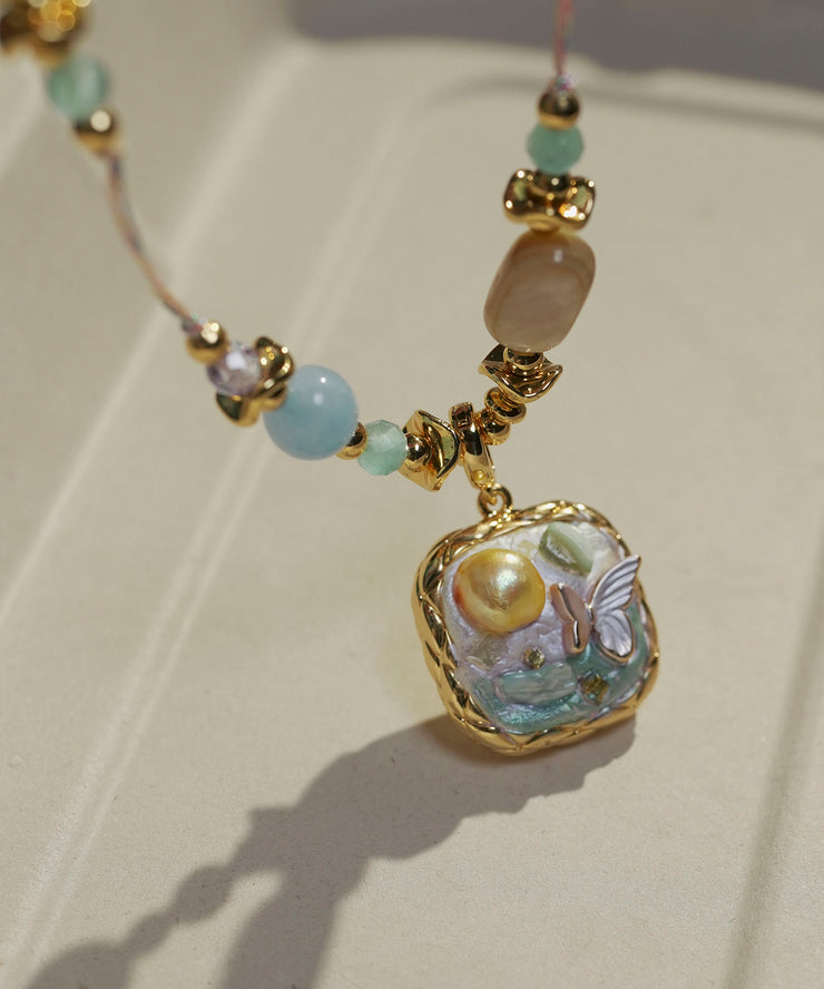 Retro Rainbow Alloy Pearl Asymmetrical Pendant Necklace