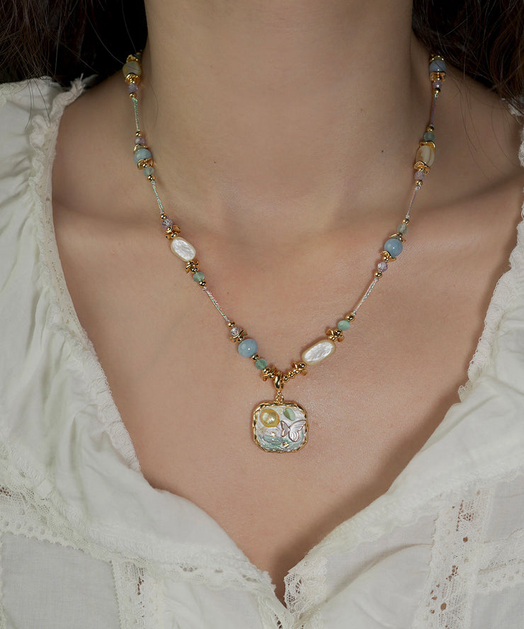 Retro Rainbow Alloy Pearl Asymmetrical Pendant Necklace