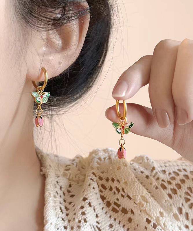 Retro Rainbow Copper Alloy Enamel Butterfly Floral Stud Earrings